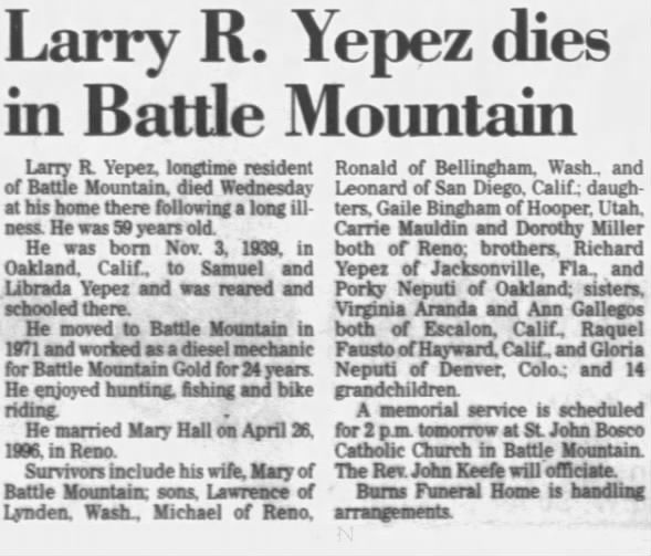 Larry Yepez Obituary Elko Daily Free Press May 21, 1999